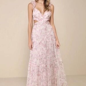 Lulus Women Ethereal Love Blush Floral Pleated Tiered Tie-Back Maxi Dress Size S